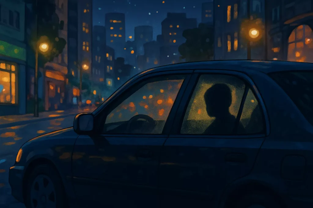 A black shadow reflected in a car window under city lights, symbolizing an unseen spirit encounter.

