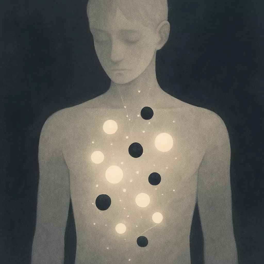 An abstract visualization of the human body with floating white and black energy beads inside, showing a dynamic imbalance.

