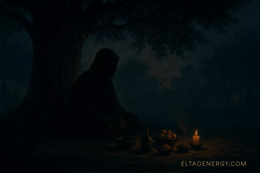 A shadowed figure beneath a tree at dusk, ritual offerings in front of them.