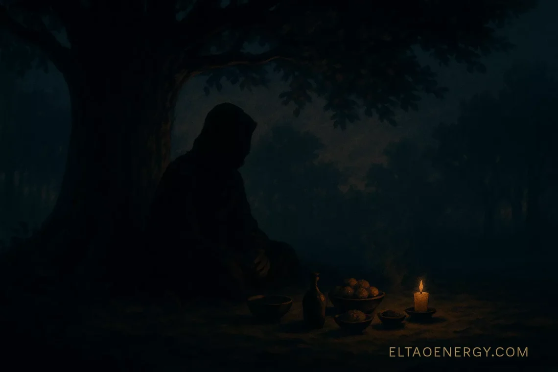 A shadowed figure beneath a tree at dusk, ritual offerings in front of them.