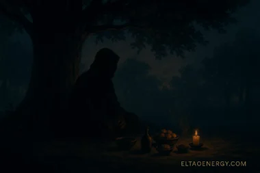 A shadowed figure beneath a tree at dusk, ritual offerings in front of them.