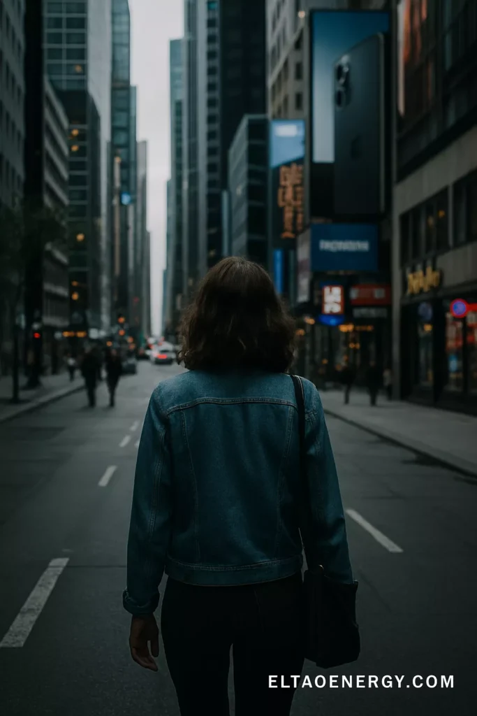 A woman walking alone down a long city sidewalk, surrounded by towering buildings and