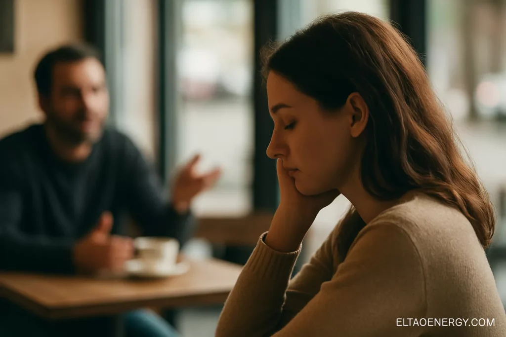 A woman sits quietly at a cafe table, looking mentally exhausted while someone talks across from her.