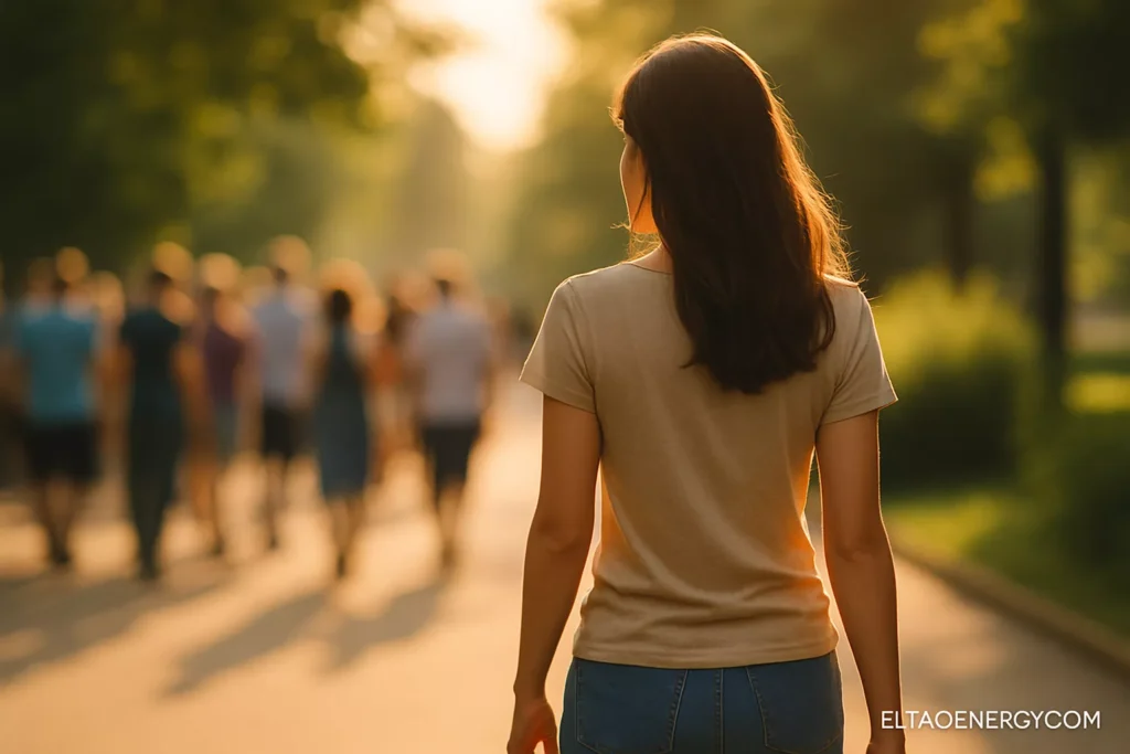 A woman calmly walks away from a crowd, sunlight outlining her silhouette.