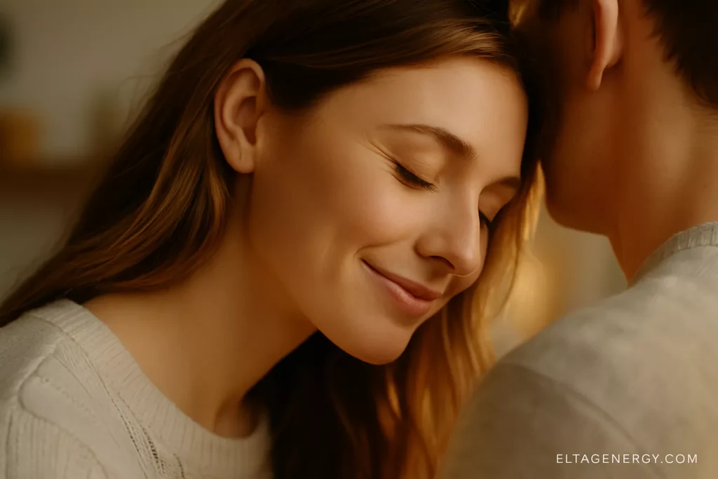 Close-up of a woman leaning toward someone with closed eyes, softly smiling, in warm natural light.