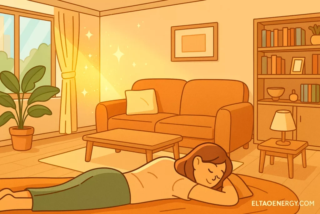 Cartoon-style tidy home, with gold coins peeking from drawers and corners.