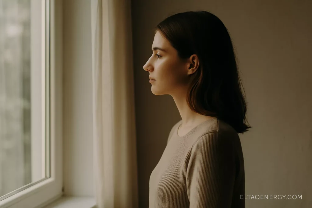 A person standing alone by a window, thoughtful, as sunlight creates a peaceful atmosphere.