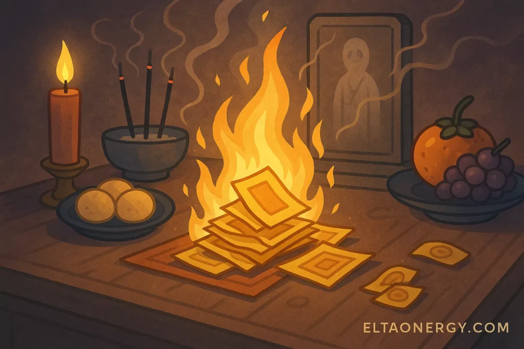 Illustration of spiritual offerings, ghost money and golden items on a traditional altar.