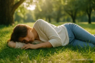 A person sleeping peacefully on a grassy field with sunlight filtering through trees.