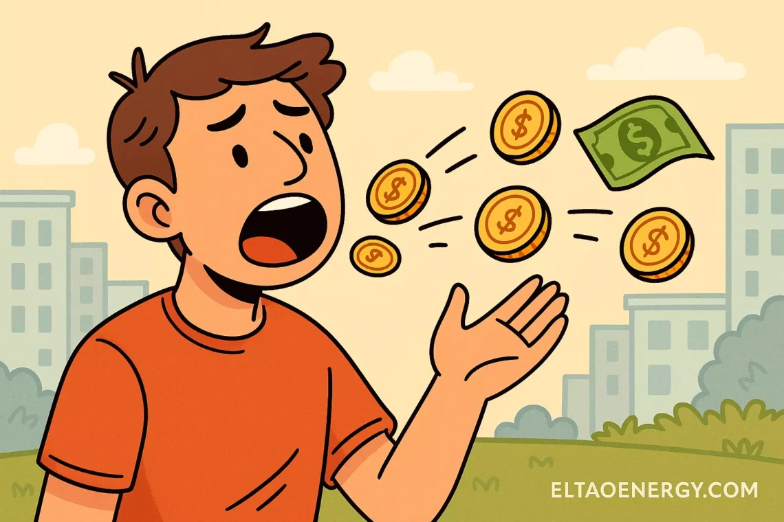 Cartoon-style person with coins flying away from open mouth.