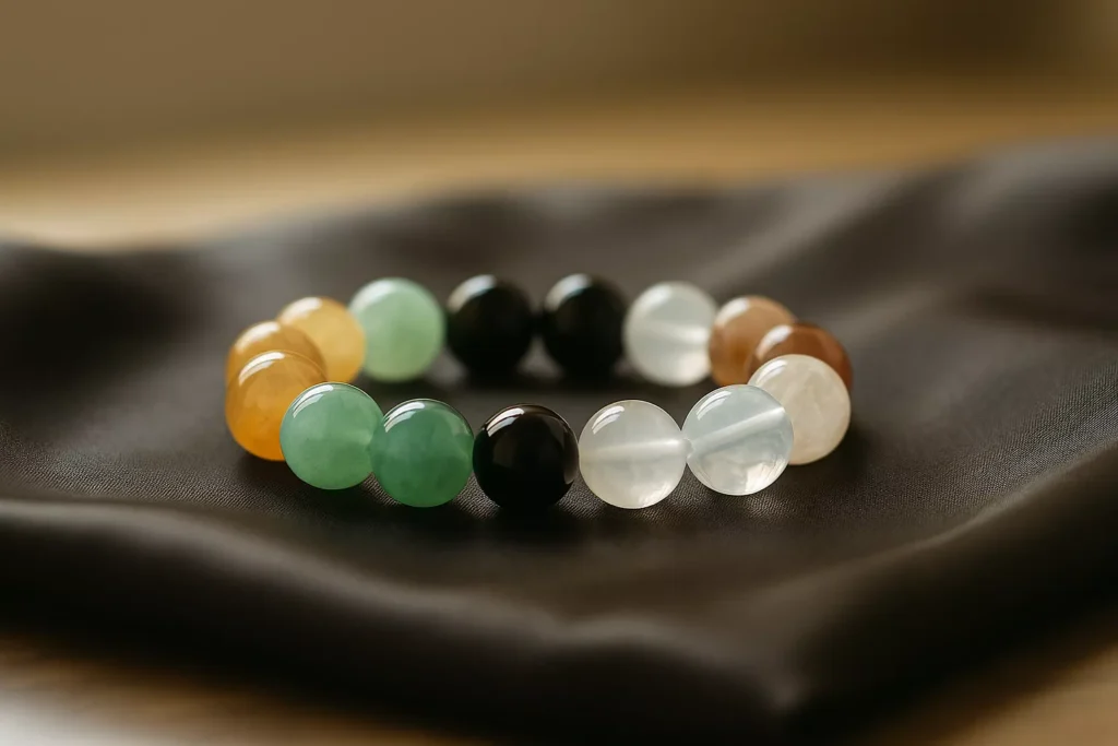 A glowing Taoist bracelet placed on a dark silk cloth, surrounded by Five Element symbols.