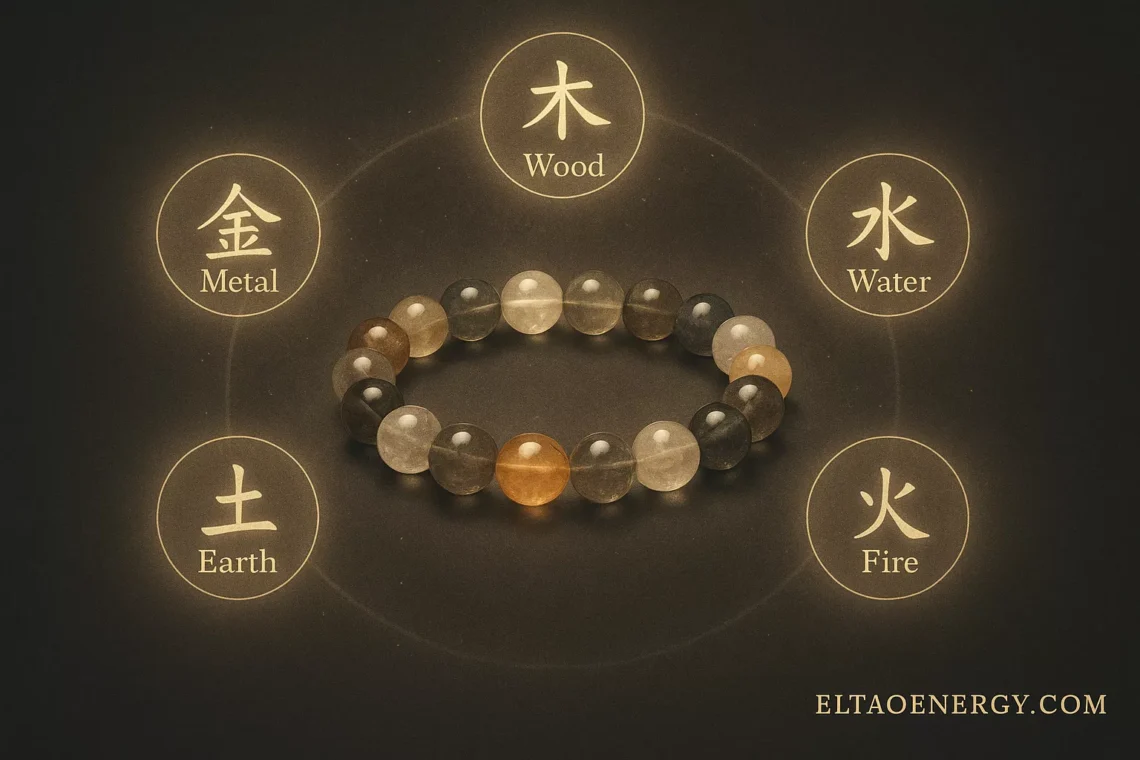 Illustration of Taoist Five Elements surrounding a custom bracelet design, glowing softly.
