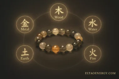 Illustration of Taoist Five Elements surrounding a custom bracelet design, glowing softly.