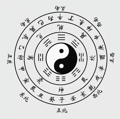 A circular Taoist diagram featuring the Yin-Yang symbol, Eight Trigrams, and 12 Earthly Branches with directional annotations.