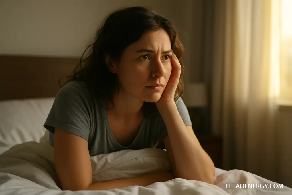A woman waking from sleep, a worried expression, sunlight falling across her bed.