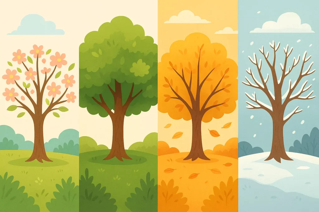 A close-up of a seasonal tree with Five Element symbols overlaid.