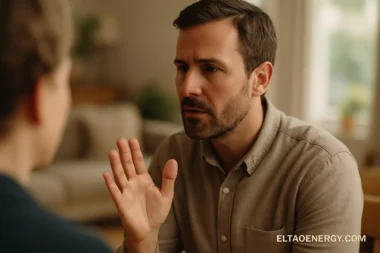 A person pausing mid-conversation, hand slightly raised, surrounded by soft light and calm background.
