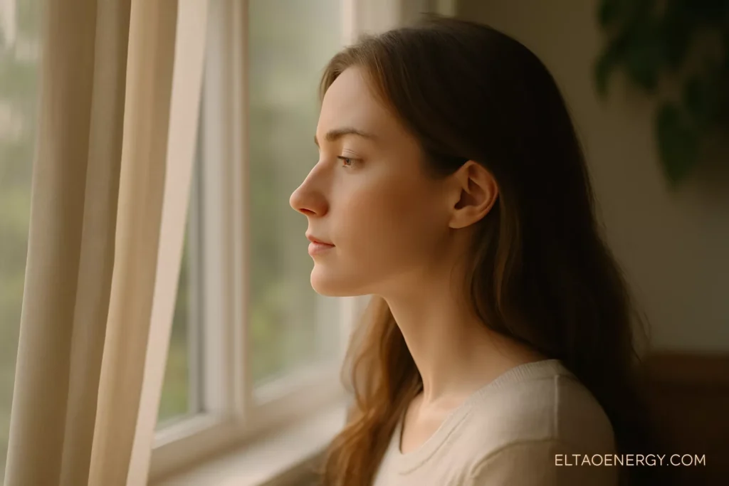 A woman standing silently with her hand near her lips, eyes reflecting thought, under soft sunlight.
