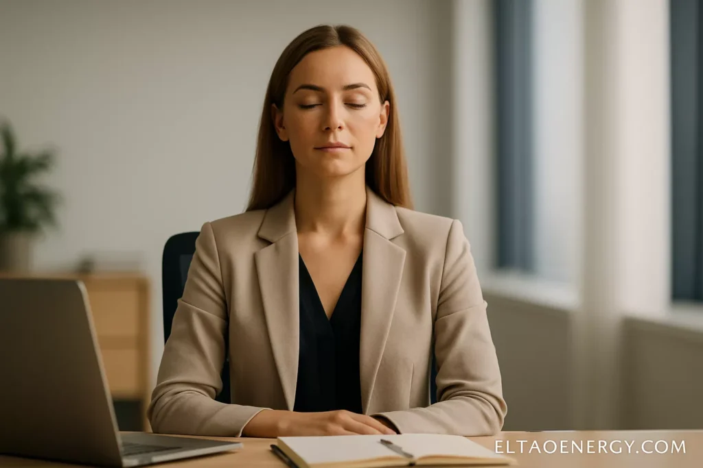 A female executive sitting at her desk with eyes closed, calm expression, soft office lighting.
