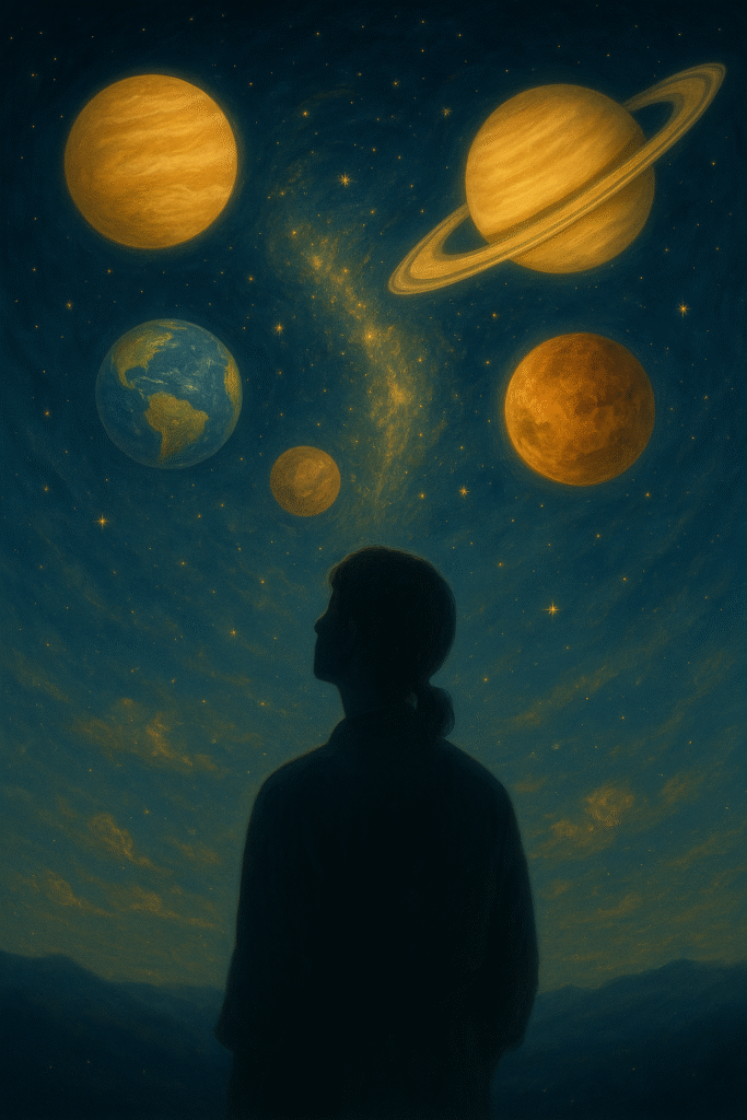 Silhouette of a human body with planets linked to liver, heart, spleen, lungs, and kidneys