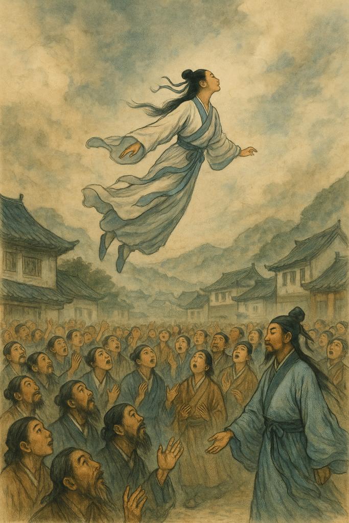 Taoist priestess Xie Ziran flying upward in daylight as a crowd of Tang dynasty citizens watches in awe
