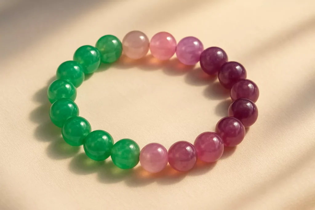 A custom amethyst bracelet with a glowing gradient of purple, placed near symbols of wood and fire energy