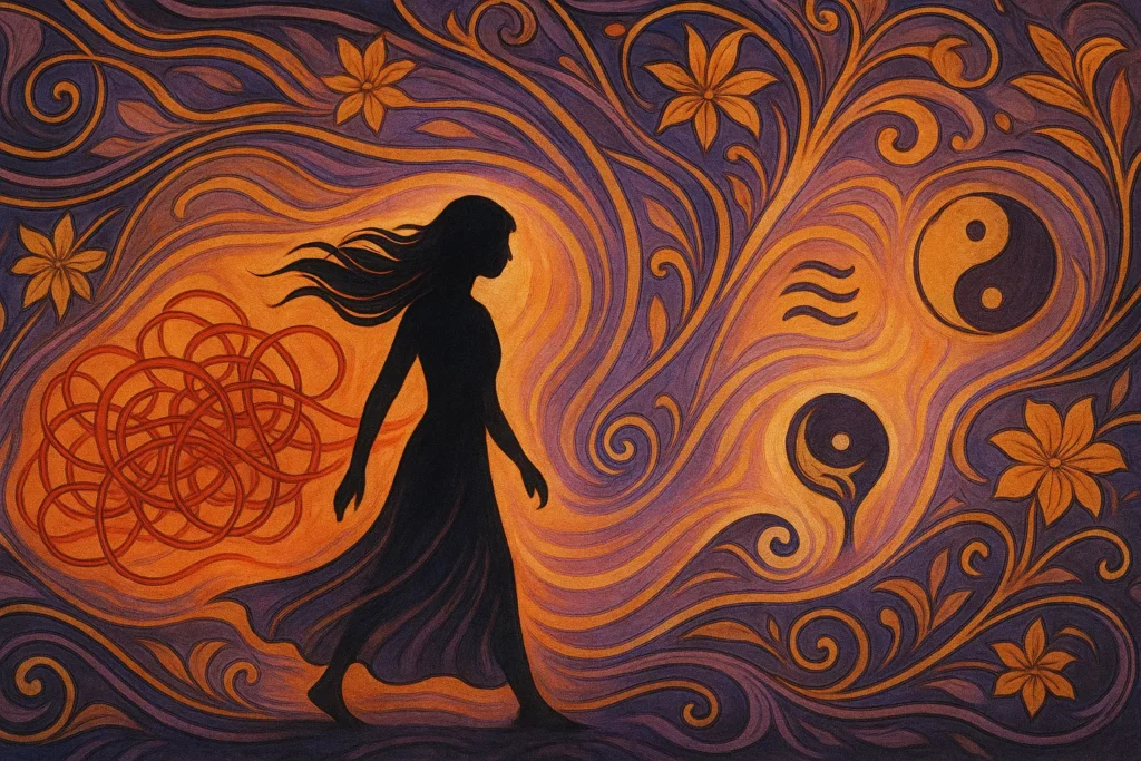 Abstract illustration of a female silhouette walking away from a swirling tangle of red threads, glowing gently under soft violet energy