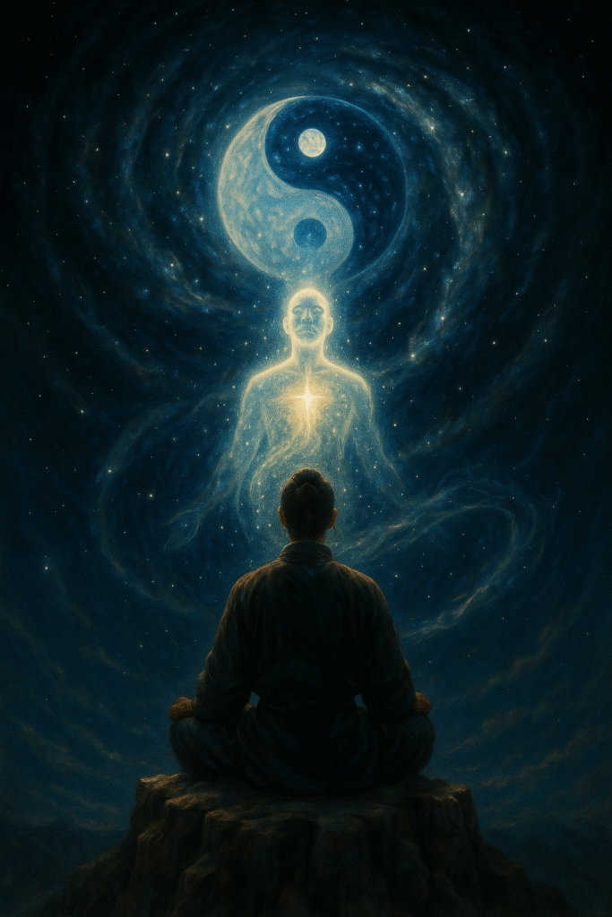 A surreal digital illustration showing a human silhouette with two glowing energy centers: one in the chest, one between the eyes.
