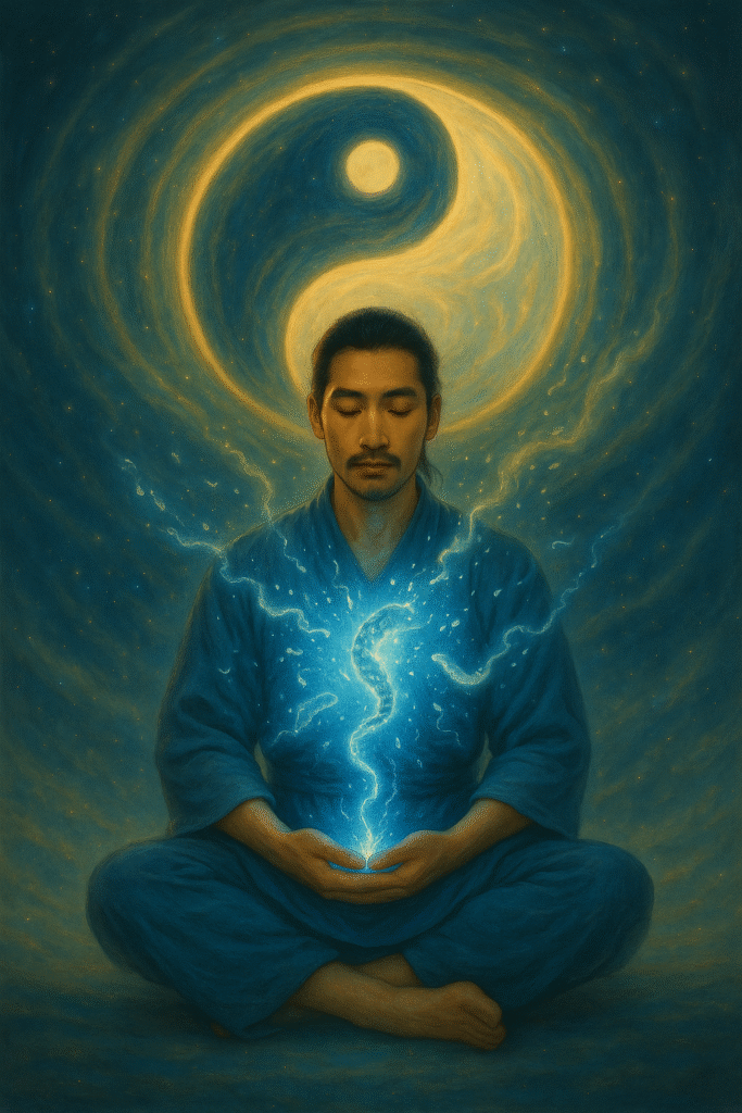 A spiritual illustration showing the body, energy layer, and Yuan Shen essence in one human form