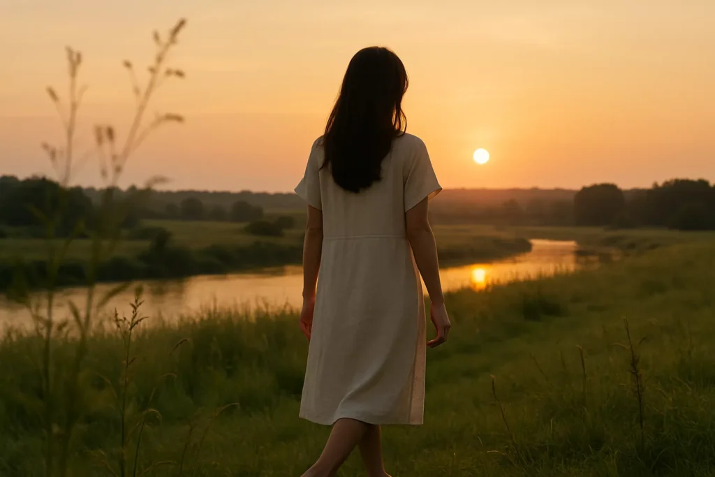 A serene Asian woman in a light linen dress walks barefoot through a sunlit grassy field at sunset, facing the camera with a calm expression.