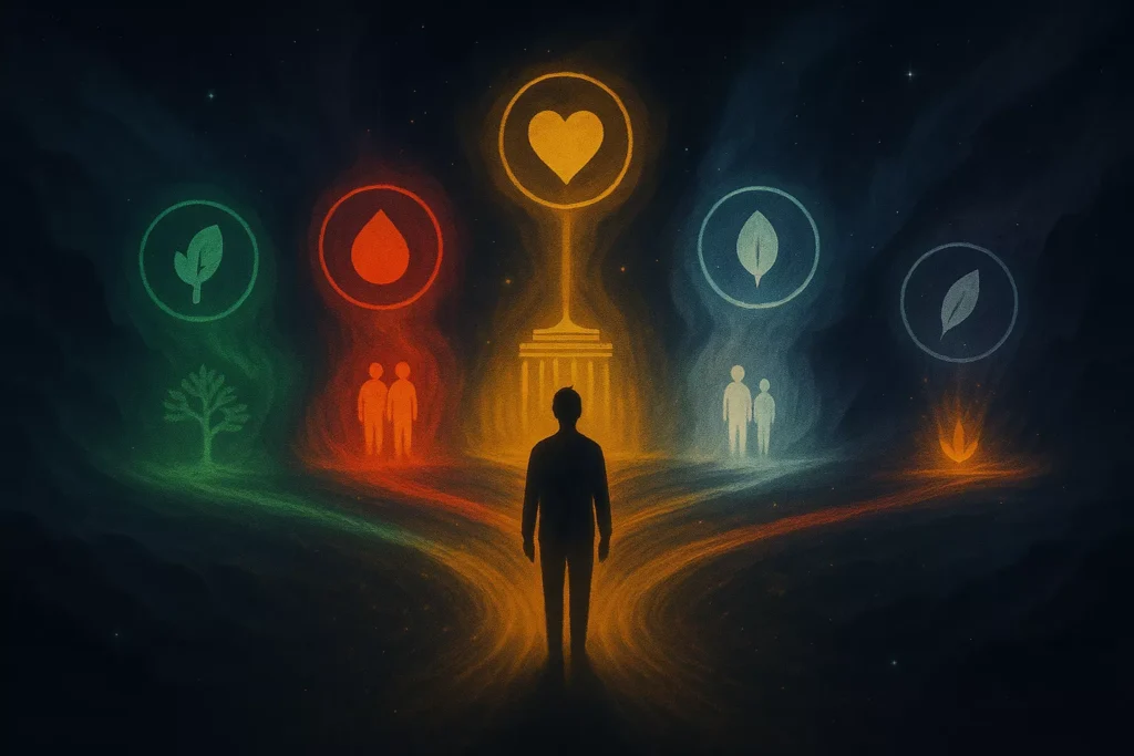A person stands at a crossroads, each path guided by a glowing element – Wood, Fire, Earth, Metal, and Water – representing life choices