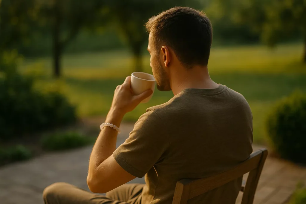 A man sits alone in warm sunlight, peacefully drinking coffee, with a white crystal bracelet on his wrist. His back faces the camera, symbolizing inner reflection and healing.