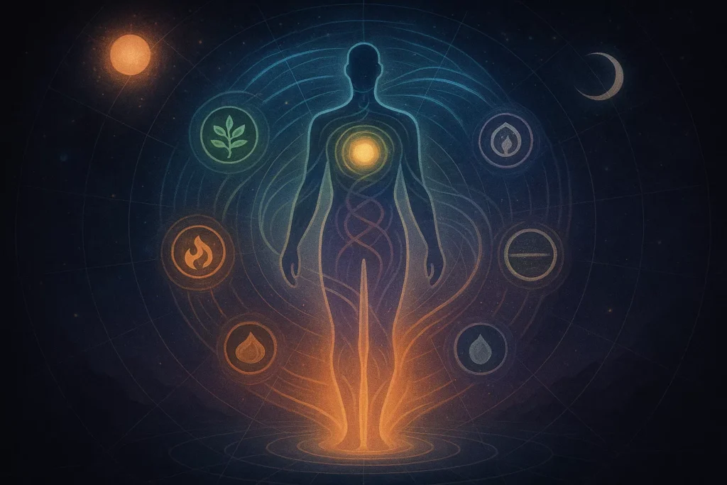 A stylized human figure layered with five elements and energy channels, set within a glowing cosmic grid