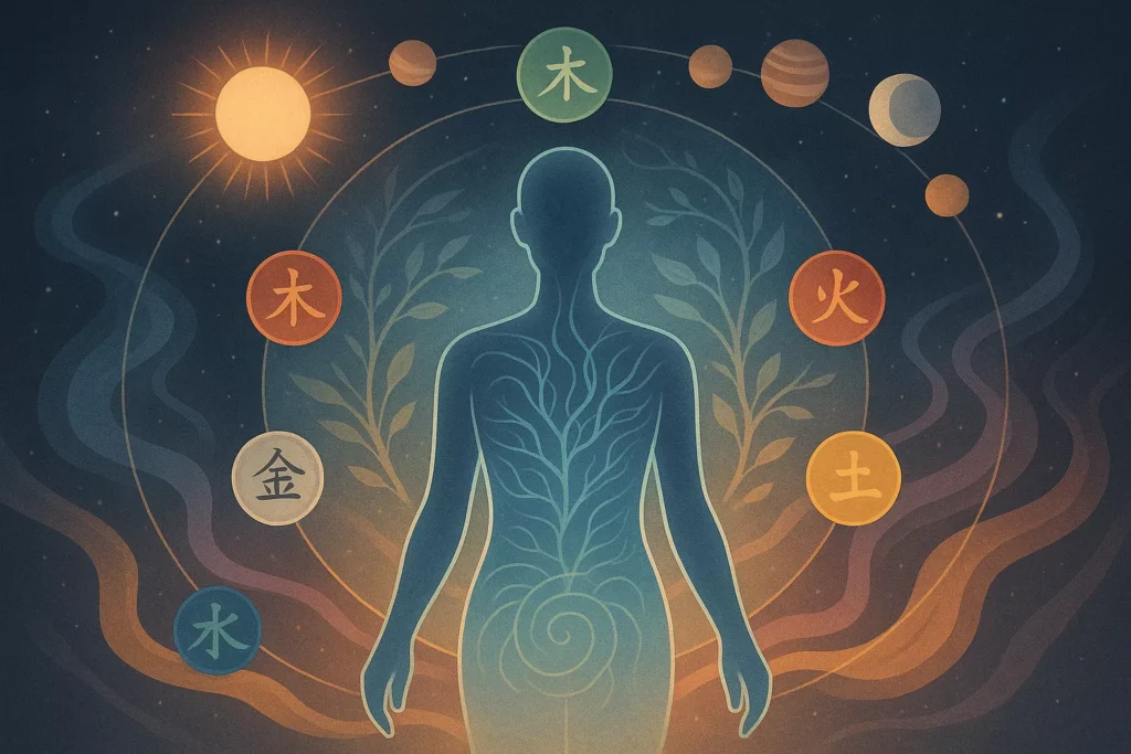 Abstract figure showing physical, natural, and celestial energy fields, with Five Element rings and planets orbiting