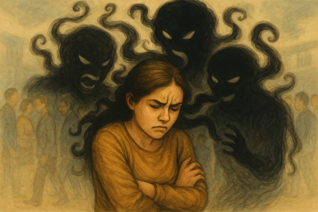 Silhouettes of people surrounded by dark emotional energy, feeding on others' emotions