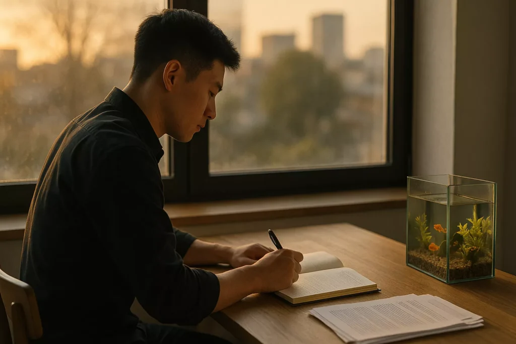 An Asian man in a black shirt sits at a desk by the window, working with focus. A small fish tank and coffee cup sit nearby, bathed in soft natural light.