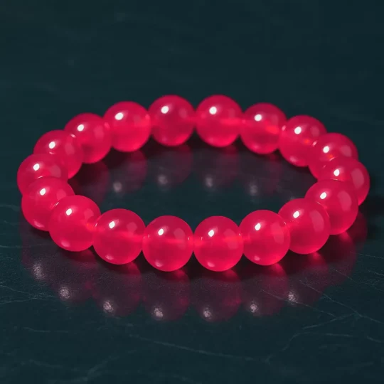 Deep red South Red Agate bracelet displayed on a dark textured surface, symbolizing Fire