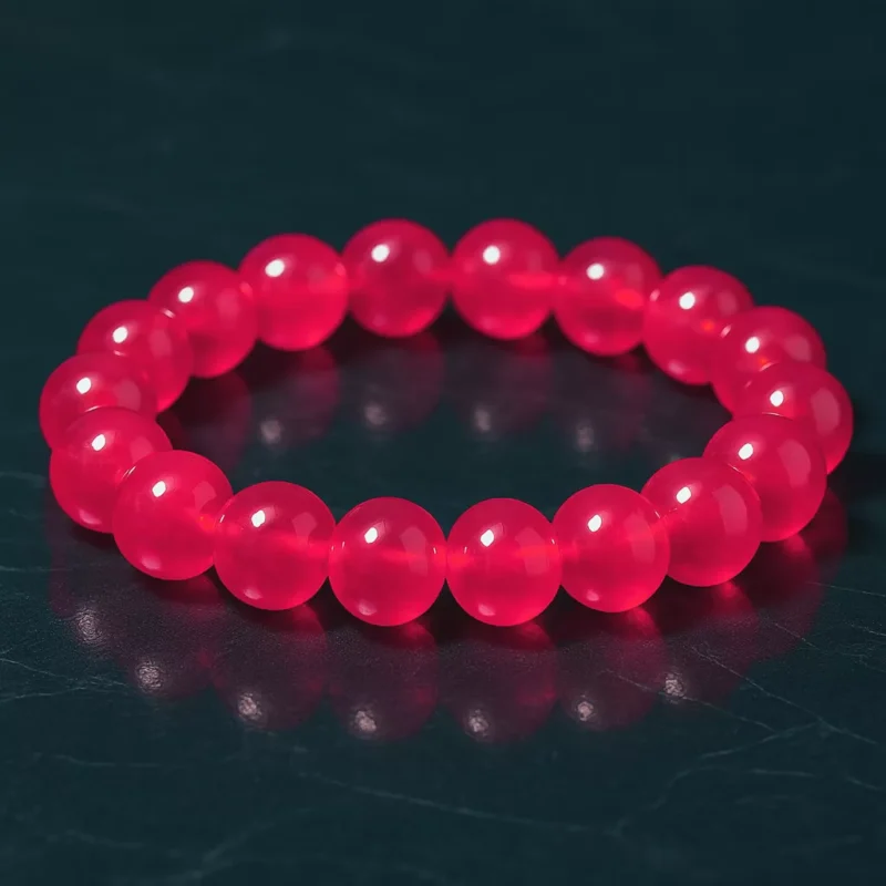 Deep red South Red Agate bracelet displayed on a dark textured surface, symbolizing Fire