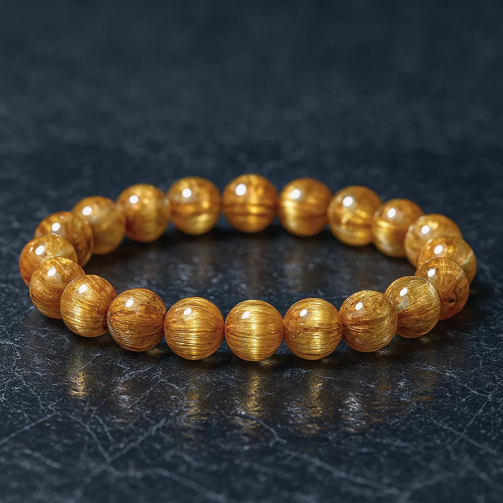 A high-grade golden rutilated quartz bracelet with cat’s eye effect displayed on a dark velvet