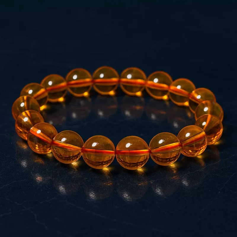 A honey-colored citrine bracelet placed on a dark slate background, representing grounding